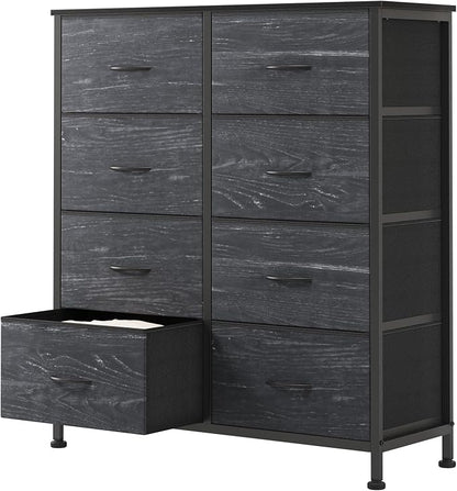 Sweetcrispy 8 Drawer Fabric Dresser for Bedroom, Tall Dresser, Black Wood | Chest of Drawers with Sturdy Steel Frame and Wooden Top, Storage Organizer with Easy Pull Handles