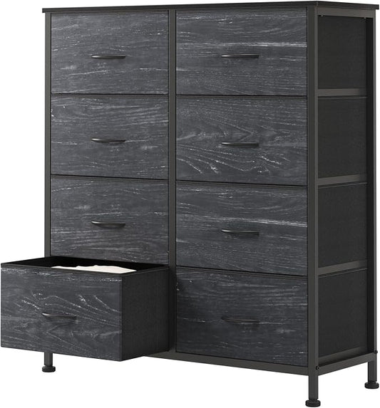 Sweetcrispy 8 Drawer Fabric Dresser for Bedroom, Tall Dresser, Black Wood | Chest of Drawers with Sturdy Steel Frame and Wooden Top, Storage Organizer with Easy Pull Handles