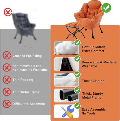 Furlide Lazy Chair with Ottoman, Modern Accent Chair with Armrests and a Side Pocket, Orange Accent Chairs, Reading Chairs, Oversized Armchairs for Bedroom, Study, Living Room, Courtyard