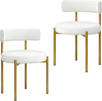 Boucle Dining Chairs Set of 2, White Dining Chairs with Upholstered Seat and Gold Legs, Mid-Century Modern Kitchen Chairs for Dining Room, Restaurant