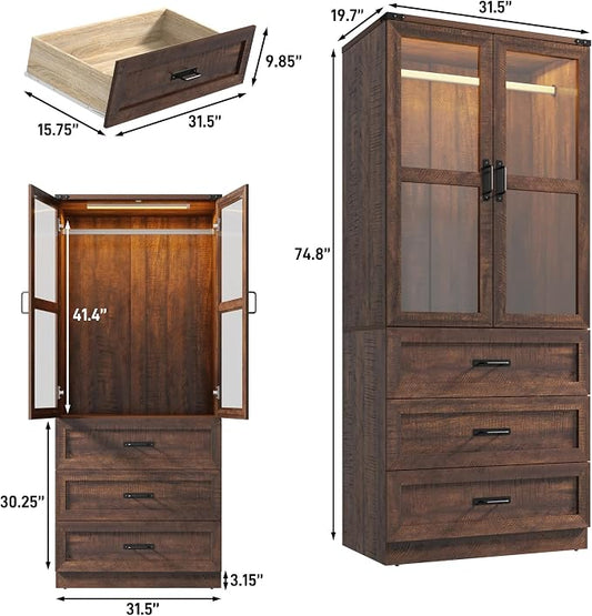 75" Tall Farmhouse 2 Doors Armoire Wardrobe Closet with 3 Drawers and LED,Freestanding Closet Wardrobe Cabinet for Bedroom with Hanging Rod,Wooden Armoire Storage Cabinet with Adjustable shelve(Brown)