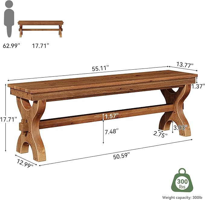 Solid Wood Entryway Bench, 55-Inch Farmhouse Indoor Bench, Narrow Hallway Seat for Living Room, Bedroom (2, Brown)