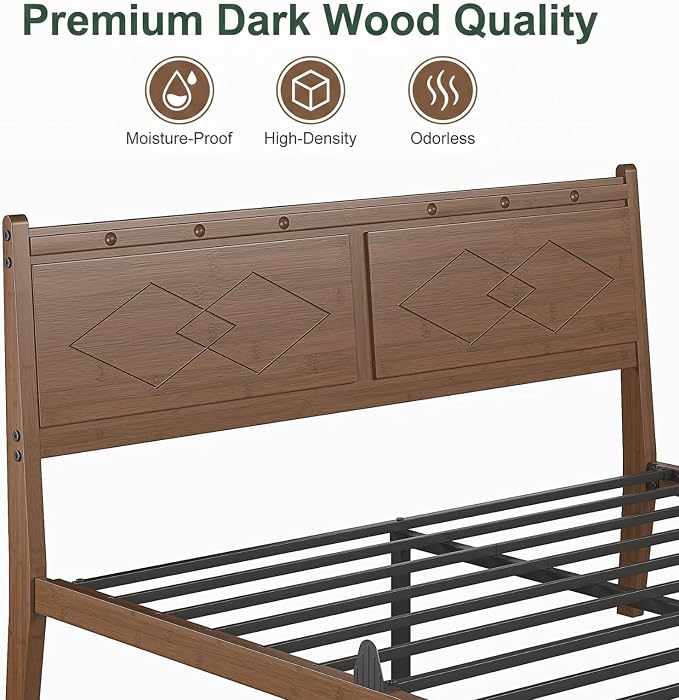 Askeld 14 inch Bamboo Full Bed Frame with Headboard, Light Cottagecore Solid Wood Platform Bed No Box Spring Needed, Easy Assembly, Noise Free, Light Walnut Color