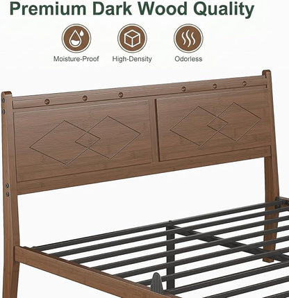 Askeld 14 inch Bamboo Full Bed Frame with Headboard, Light Cottagecore Solid Wood Platform Bed No Box Spring Needed, Easy Assembly, Noise Free, Light Walnut Color