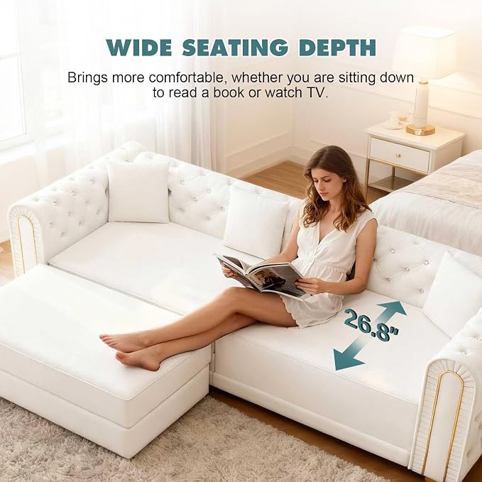 90.6'' Velvet Folding Floor Sofa Bed - 3-in-1 Convertible Sleeper Couch with Ottoman, Button Tufted Gold Edge Trim Chesterfield Sofa, Pull-Out King Size Couch Bed for Apartments, Living Room, Beige | 3-in-1 Convertible