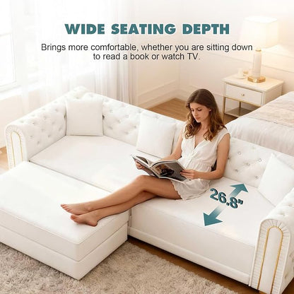 90.6'' Velvet Folding Floor Sofa Bed - 3-in-1 Convertible Sleeper Couch with Ottoman, Button Tufted Gold Edge Trim Chesterfield Sofa, Pull-Out King Size Couch Bed for Apartments, Living Room, Beige | 3-in-1 Convertible