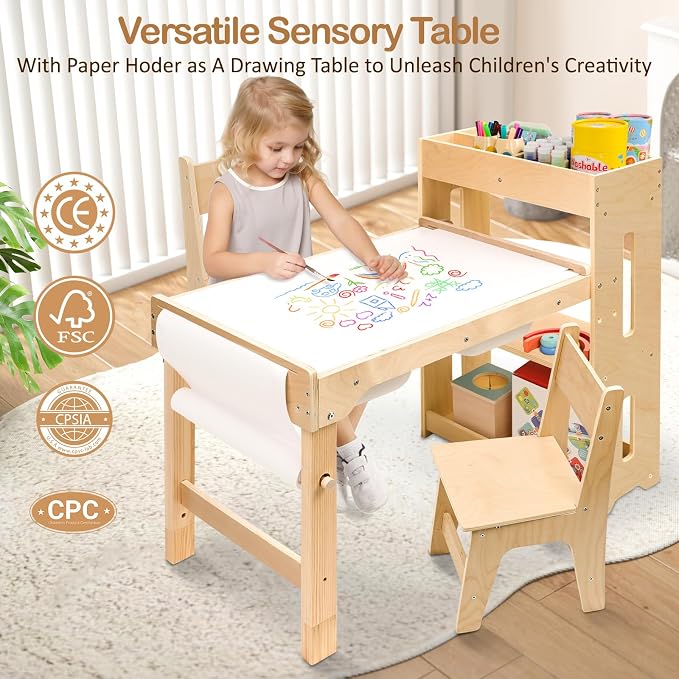 WINGYZ 6 in 1 Kids Art Table and Chairs, Sensory Table and 2 Chairs Height Adjustable, Graffiti Tabletop Toddler Activity Table with Storage Cabinet & Bins, Kids Art Desk with Paper Roll Ages 2-8 Gift