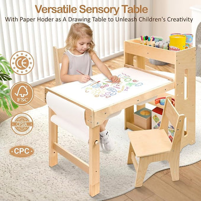 WINGYZ 6 in 1 Kids Art Table and Chairs, Sensory Table and 2 Chairs Height Adjustable, Graffiti Tabletop Toddler Activity Table with Storage Cabinet & Bins, Kids Art Desk with Paper Roll Ages 2-8 Gift