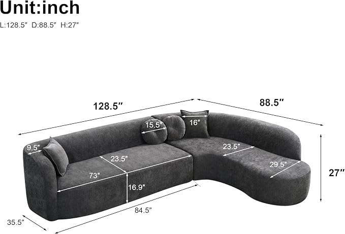 Curved Sectional Sofa with Chaise, 128" Oversized Cloud Couch, Chenille Fabric, High-Density Foam, Deep Seating, No Assembly, L-Shaped Sectional, Modern Living Room Sofa, Gray+Charcoal