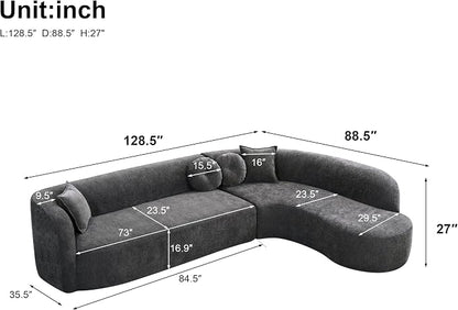 Curved Sectional Sofa with Chaise, 128" Oversized Cloud Couch, Chenille Fabric, High-Density Foam, Deep Seating, No Assembly, L-Shaped Sectional, Modern Living Room Sofa, Gray+Charcoal