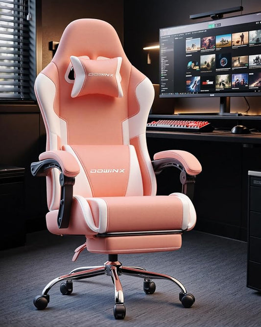 Dowinx Ergonomic Pink Gaming Chair with Footrest & Massage Lumbar, 2D-Linkage Armrests for Cute Aesthetic Esports Chair for Girls, Office, Home and Long Gaming Sessions, Pink