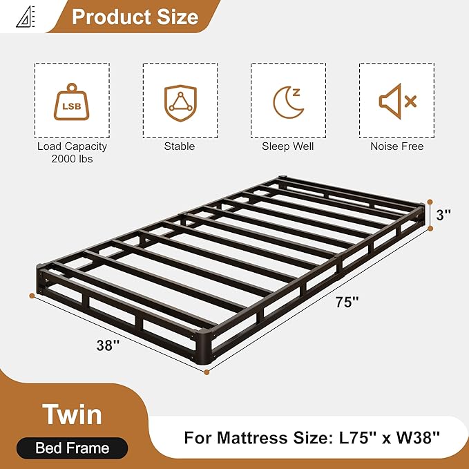 Lutown-Teen 3 Inch Twin Box Spring Low Profile, Heavy Duty Metal Box Spring Twin Bed Base with Fabric Cover, Mattress Foundation, Noise Free, Easy Assembly