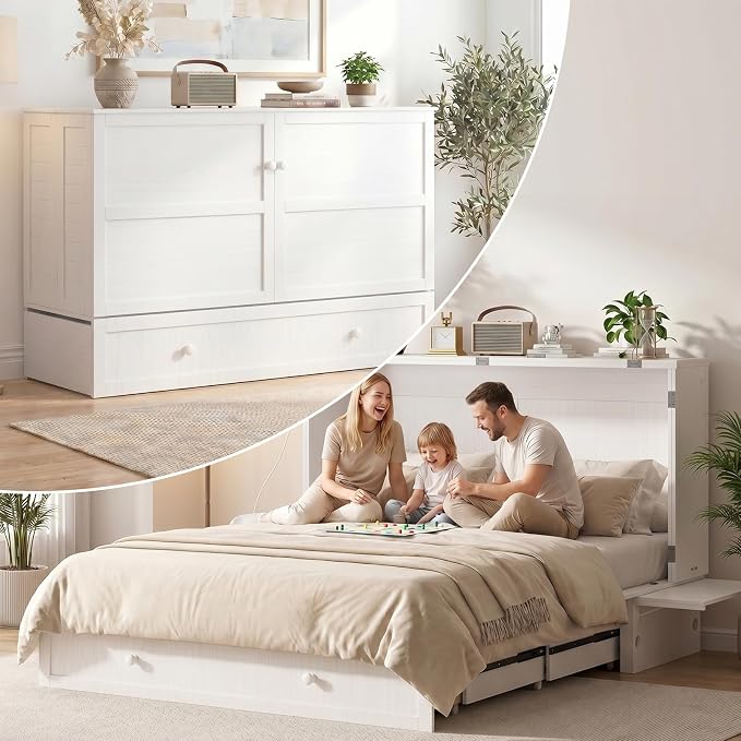 PUREMIND Queen Murphy Bed with Mattress Included, Murphy Cabinet Bed with Storage Drawer, Built-in Charging Station, Solid Wood Frame, Space-Saving Cabinet Beds for Small Spaces/Guest Room (White)