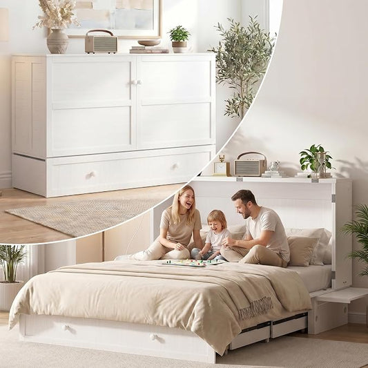 PUREMIND Queen Murphy Bed with Mattress Included, Murphy Cabinet Bed with Storage Drawer, Built-in Charging Station, Solid Wood Frame, Space-Saving Cabinet Beds for Small Spaces/Guest Room (White)