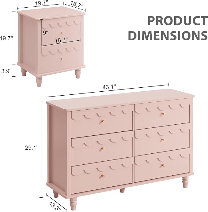 Anbuy Bedroom Sets Scalloped 6 Drawer Dresser and Night Stand Sets for Bedroom, Two Drawers Nightstand Set of 2 & 6 Drawer Dresser Combo 3 Pieces (Pink)