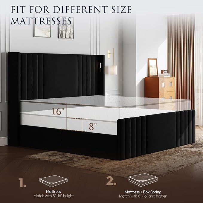 Queen Bed Frame with 55.1" Tall Headboard, Velvet Upholstered Platform Bed with Channel Tufted Wingback, 2 Reading Lights/Storage Shelf/Charging Station/Easy Assembly/Noise-Free, Black