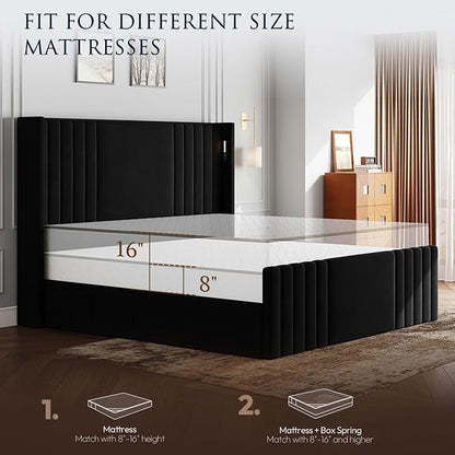 Queen Bed Frame with 55.1" Tall Headboard, Velvet Upholstered Platform Bed with Channel Tufted Wingback, 2 Reading Lights/Storage Shelf/Charging Station/Easy Assembly/Noise-Free, Black