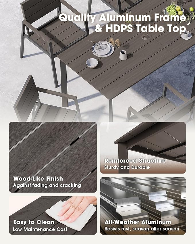 Outdoor Dining Set for 6, Aluminum Patio HDPS Outdooor Table and Chairs Set with Umbrella Hole, All Weather Patio Furniture Set, 7 Peice Patio Dining Table Set (Charcoal)