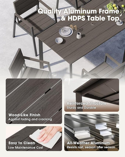Outdoor Dining Set for 6, Aluminum Patio HDPS Outdooor Table and Chairs Set with Umbrella Hole, All Weather Patio Furniture Set, 7 Peice Patio Dining Table Set (Charcoal)