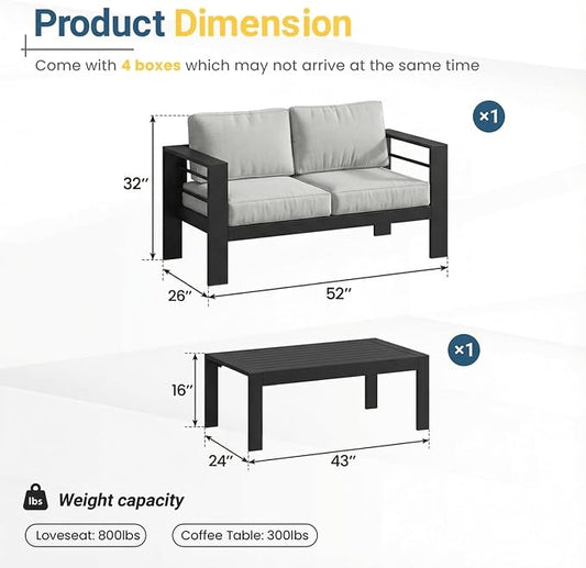 Solaste Aluminum Patio Furniture Set for All Weather, Oversized Metal Outdoor Furniture Set with 27.5" Deep Seating and 3.2" Wide Armrest, Outdoor Patio Sofa with 10" Back Suport Cushion