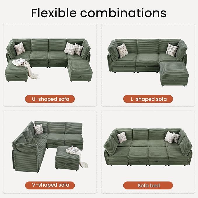 KKL Modular Sectional Couches for Living Room U-Shaped 6 Seater Couch with Storage Ottoman, Convertible L-Shaped Modular Sofa Plush Wide-Wale Corduroy Couch, Apartment, Modern Design, Green