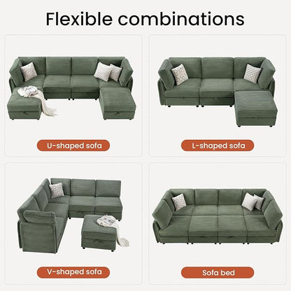KKL Modular Sectional Couches for Living Room U-Shaped 6 Seater Couch with Storage Ottoman, Convertible L-Shaped Modular Sofa Plush Wide-Wale Corduroy Couch, Apartment, Modern Design, Green