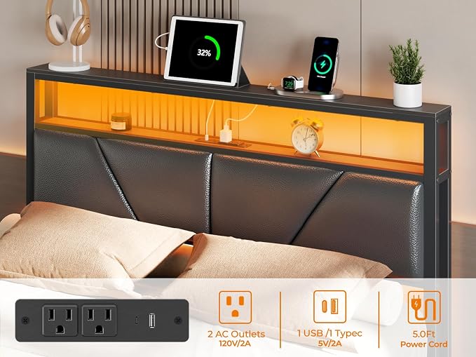 OURPIC Full Size Bed Frame, 2-Tier Storage Headboard & 6 Fabric Drawers, PU Leather Upholstered Platform Bed Frame Full with Charging Station and LED Lights, No Box Spring Needed, Noise Free