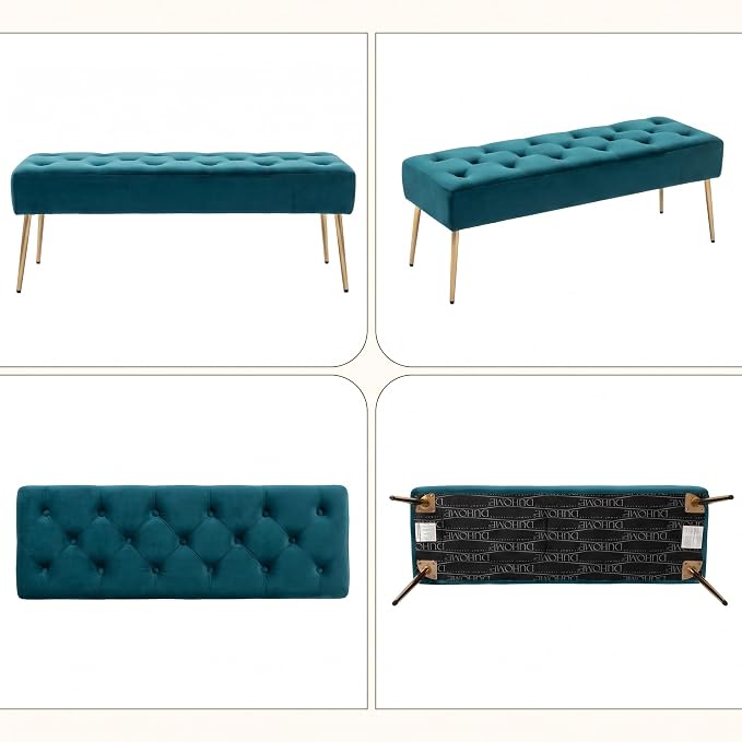 DUHOME Modern Velvet Bench Ottoman, Upholstered Bedroom Benches Footrest Stool Button-Tufted Table Bench Dining Bench with Gold Metal Base for Entryway Dining Room Living Room Bedroom, Atrovirens