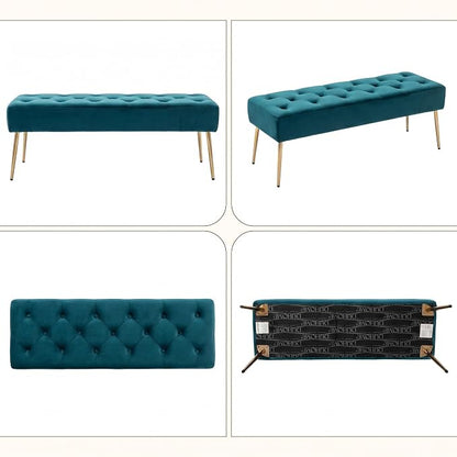 DUHOME Modern Velvet Bench Ottoman, Upholstered Bedroom Benches Footrest Stool Button-Tufted Table Bench Dining Bench with Gold Metal Base for Entryway Dining Room Living Room Bedroom, Atrovirens