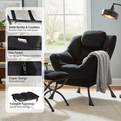 Furlide Lazy Chair with Ottoman, Modern Accent Chair with Armrests and a Side Pocket, Velvet Black Accent Chairs, Reading Chairs, Oversized Armchairs for Bedroom, Study, Living Room, Courtyard