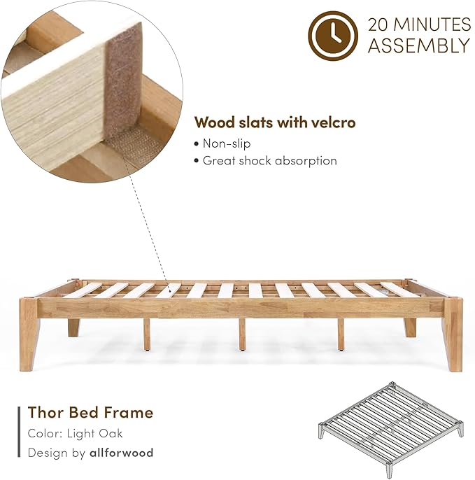 Thor Premium Solid Wood Bed Frame Queen, Japanese Joinery Bed Frame with Wood Slat Support, Platform Bed, No Box Spring Needed, Easy Assembly, Minimalist & Modern Style (Light Oak)