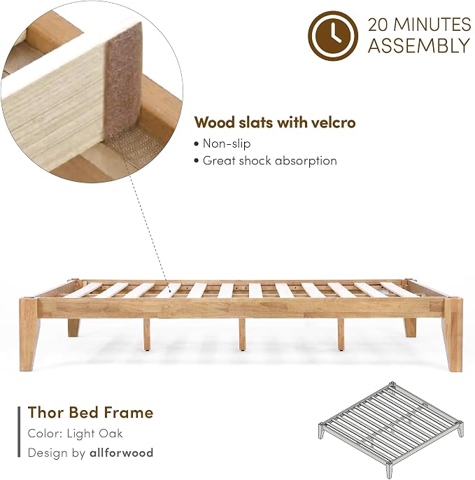 Thor Premium Solid Wood Bed Frame King, Japanese Joinery Bed Frame with Wood Slat Support, Platform Bed, No Box Spring Needed, Easy Assembly, Minimalist & Modern Style (Light Oak)