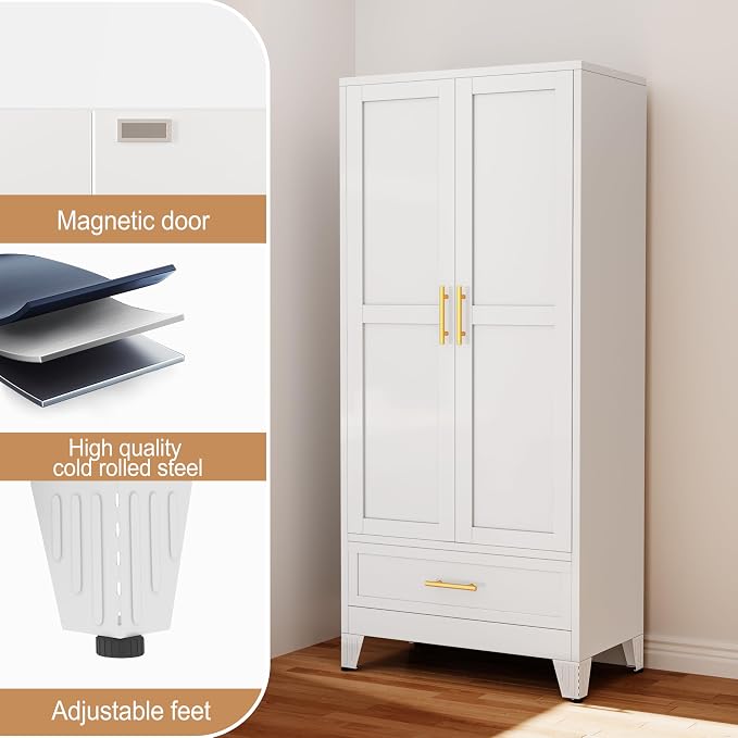 PAOFIN 71" Metal Armoire Wardrobe Closet Storage Cabinet with Hanging Rod,Metal Clothing Cabinet with 1 Drawer and Adjustable Shelf for Bedroom, Laundry Room(White)