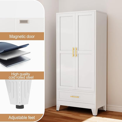 PAOFIN 71" Metal Armoire Wardrobe Closet Storage Cabinet with Hanging Rod,Metal Clothing Cabinet with 1 Drawer and Adjustable Shelf for Bedroom, Laundry Room(White)