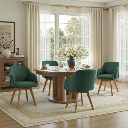 Swivel Dining Chairs Set of 4, Mid Century Modern Dining Chairs with Arms, Linen Fabric Upholstered Kitchen Dining Room Chairs with Solid Wood Legs for Living Room,360°Swivel Accent Desk Chair, Green