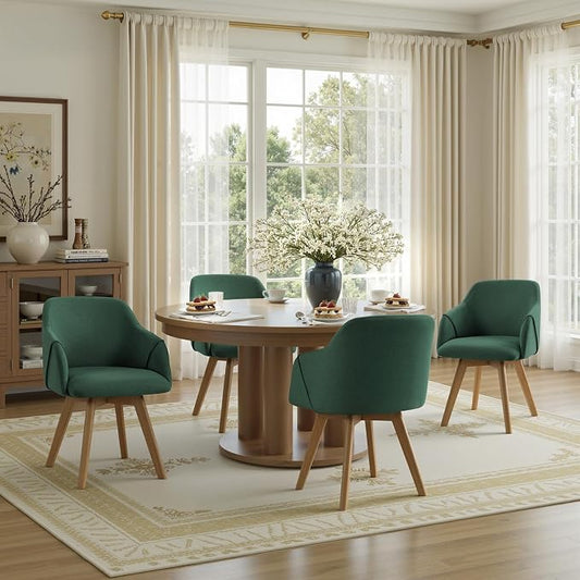 Swivel Dining Chairs Set of 4, Mid Century Modern Dining Chairs with Arms, Linen Fabric Upholstered Kitchen Dining Room Chairs with Solid Wood Legs for Living Room,360°Swivel Accent Desk Chair, Green