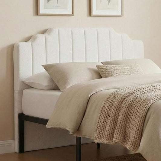 Queen Headboard Only - Beige Velvet Upholstered Headboard for Bed, No Assembly Required, Pure Sponge Design, Comfort Head Board, Place Between Bed & Wall, Vertical Stripe with Stepped Crown Top Edge