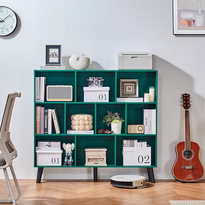 LEYAOYAO 10 Cube Bookshelf,3 Tier Modern Wide Bookcase with Legs,Mid-Century Wood Bookshelves Storage,Dark Green Large Book Case,Freestanding Organizer Display Shelf for Bedroom,Living Room,Office