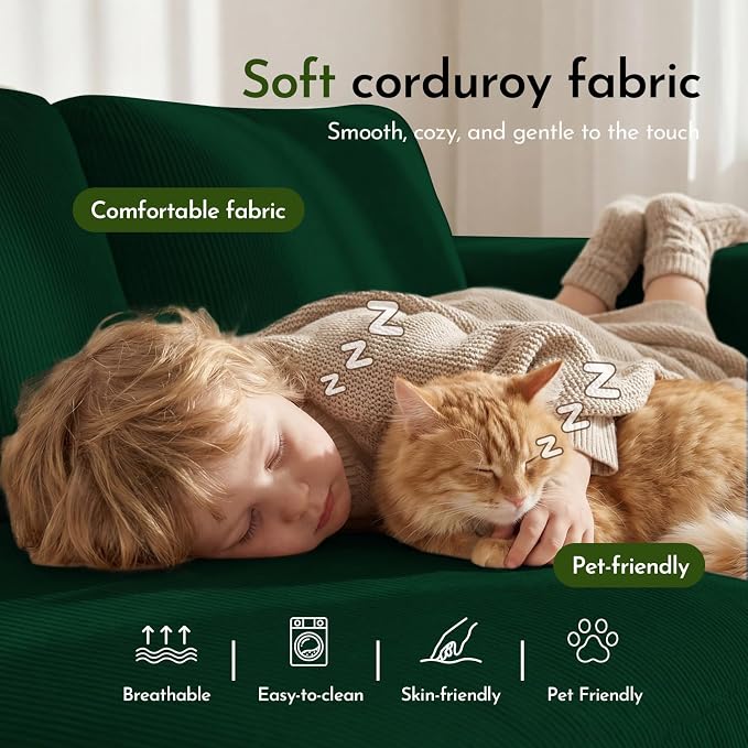 Valthie 80" Corduroy Loveseat Sofa, Modern Comfy Couches with Side Pocket, 3-Seater Sofa Couch for Living Room, Bedroom and Small Spaces,Green