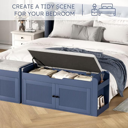 39.4" Storage Bench - Entryway Shoe Bench with Side Storage Shelves and 2 Doors, Multifunctional Entryway Bench with Lift Top Cushion, Shoe Storage Bench for Bedroom, Living Room, Navy Blue