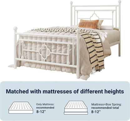 Allewie Twin Size Metal Platform Bed Frame with Victorian Vintage Headboard and Footboard/Mattress Foundation/Under Bed Storage/No Box Spring Needed/Noise-Free/Easy Assembly, White
