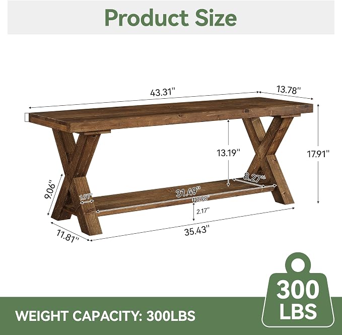 43.3" Solid Wood Bench, Farmhouse Wooden Entryway Bench with Storage Shelf, X-Shaped Leg Design, Entry Way Shoe Benches Seat for Hallway, Kitchen, Bedroom, Living Room