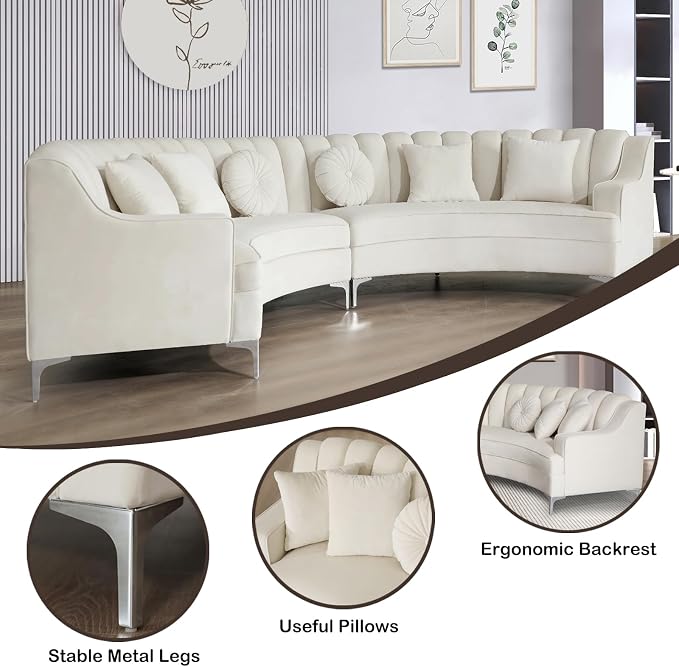 Legend Vansen Semicircle Modular Curved Velvet Sectional Sofa,141.34”Oversized Arc Sofa,Modern Cloud-Like Deep Seat Couch for Living Room Apartment Office Conference Space (2, Cream)