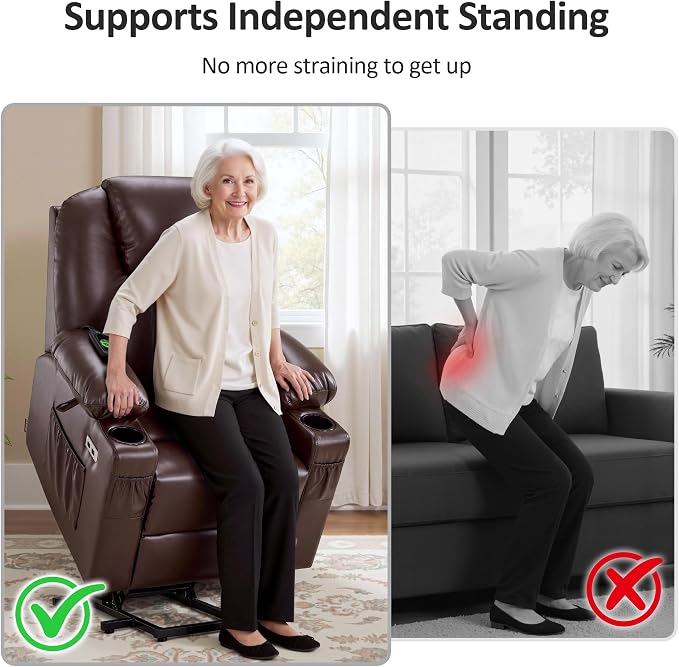 MCombo Power Lift Recliner Chair for Elderly, Lift Chair with Heat and Massage, FSC Certified, USB Ports, Cup Holders, Faux Leather 7141 (Dark Brown, Small)