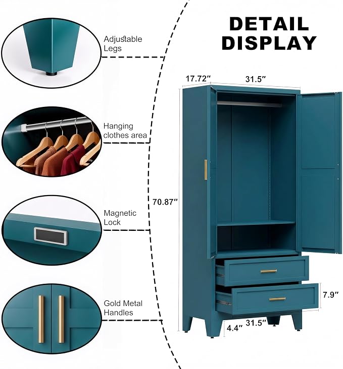 71" H Blue Closet,Armoire Wardrobe Closet,Metal Wardrobe Closet with Doors and Shelves,Large Wardrobe Closet for Bedroom