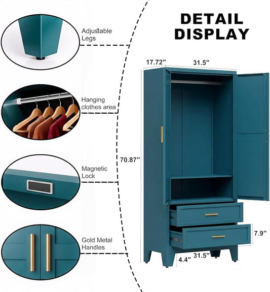 71" H Blue Closet,Armoire Wardrobe Closet,Metal Wardrobe Closet with Doors and Shelves,Large Wardrobe Closet for Bedroom