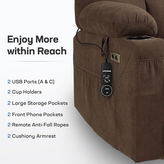 Tami Tami Dual Motor Power Lift Chair Recliner for Elderly with Massage and Heat, Infinite Position Electric Lift Recliner with USB A&C, Cup Holders (T6012 - Linen Fabric, Brown, Oversized)