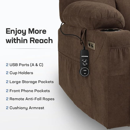 Tami Tami Dual Motor Power Lift Chair Recliner for Elderly with Massage and Heat, Infinite Position Electric Lift Recliner with USB A&C, Cup Holders (T6012 - Linen Fabric, Brown, Oversized)