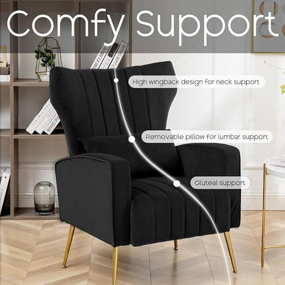 Accent Chair,Wingback Armchair for Living Room, HighBack Reading Chair with Golden Metal Legs Lumbar Pillow,Upholstered Single Sofa for Bedroom, Apartment, Small Spaces Velvet Black