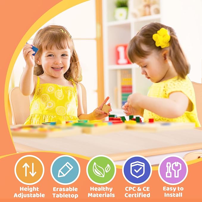 FUNLIO Adjustable Kids Table, 3-Level Height for Ages 3-8, Easy to Wipe Arts & Crafts Toddler Table for Classrooms/Daycares/Homes, CPC & CE Approved, 23.6 x 23.6 Inches, Natural
